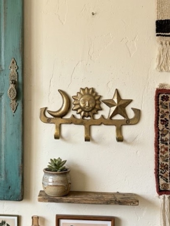 Vintage Other - Vintage Brass Celestial Wall Hooks Sun Moon Stars Entryway Key Holder Boho 90s